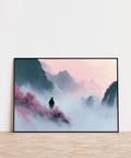 Serene Samurai Mountain Wall Art for bedroom featuring pink and white details