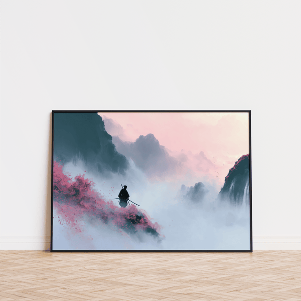 Serene Samurai Mountain Wall Art for bedroom featuring pink and white details