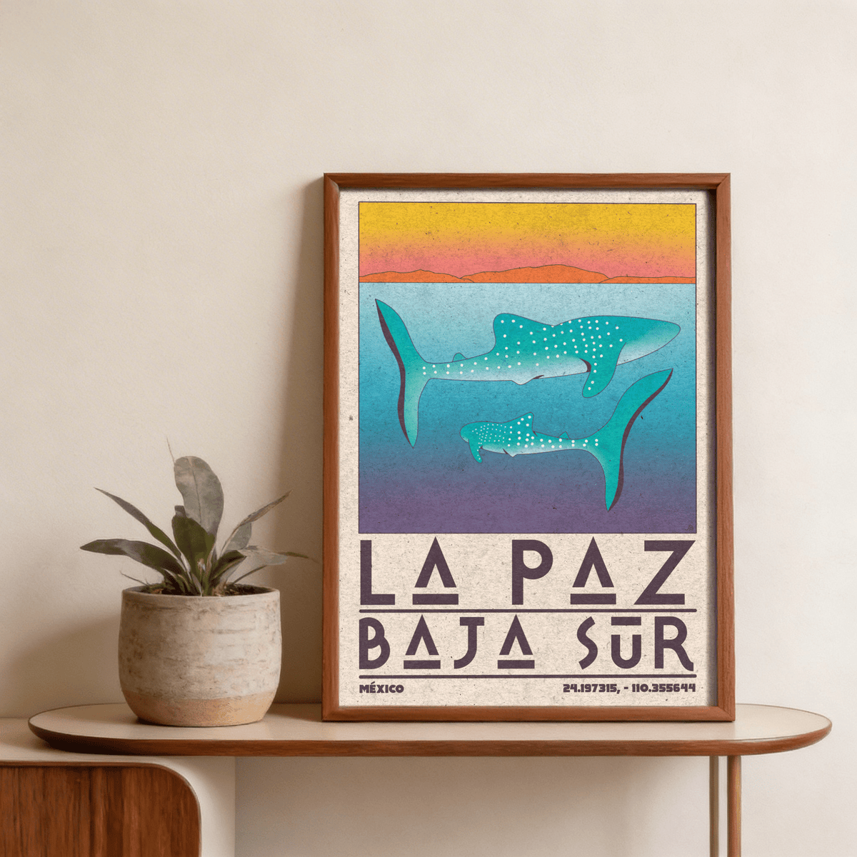 La Paz Mexico Poster featuring bold BAJA SUR typography over stylized water