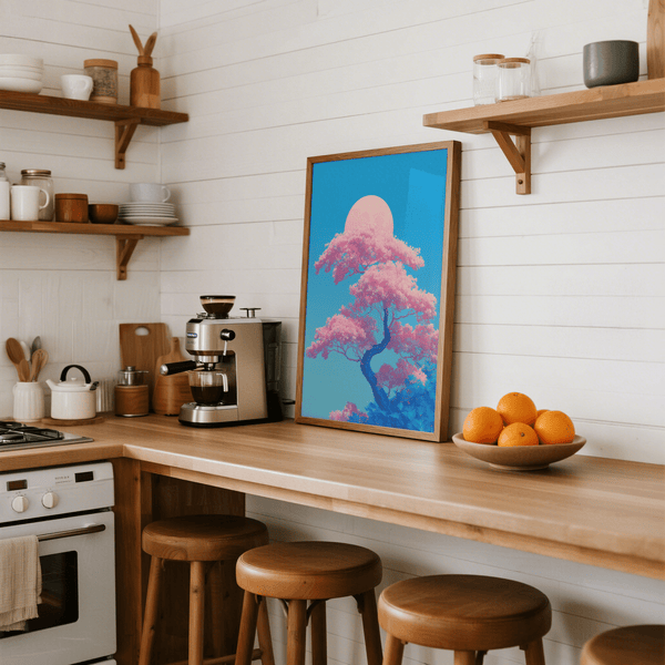 Japanese Cherry Blossom Print with white accents for peaceful minimalist bedroom art