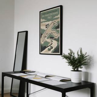Graphic race track wall art print with circuit outline and corner name labels