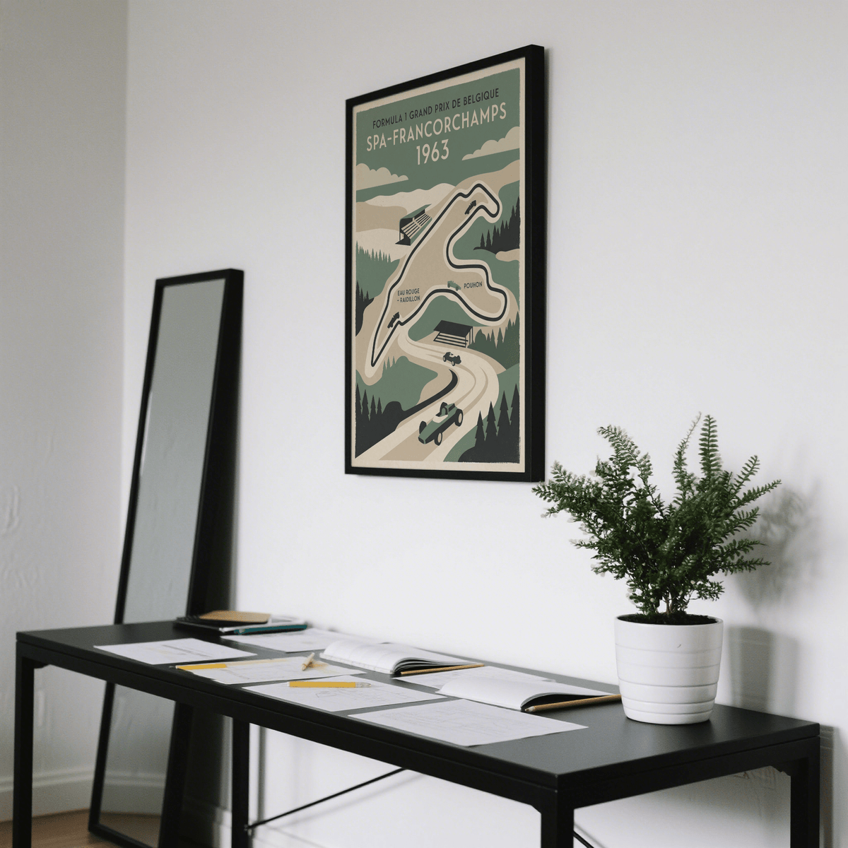 Graphic race track wall art print with circuit outline and corner name labels