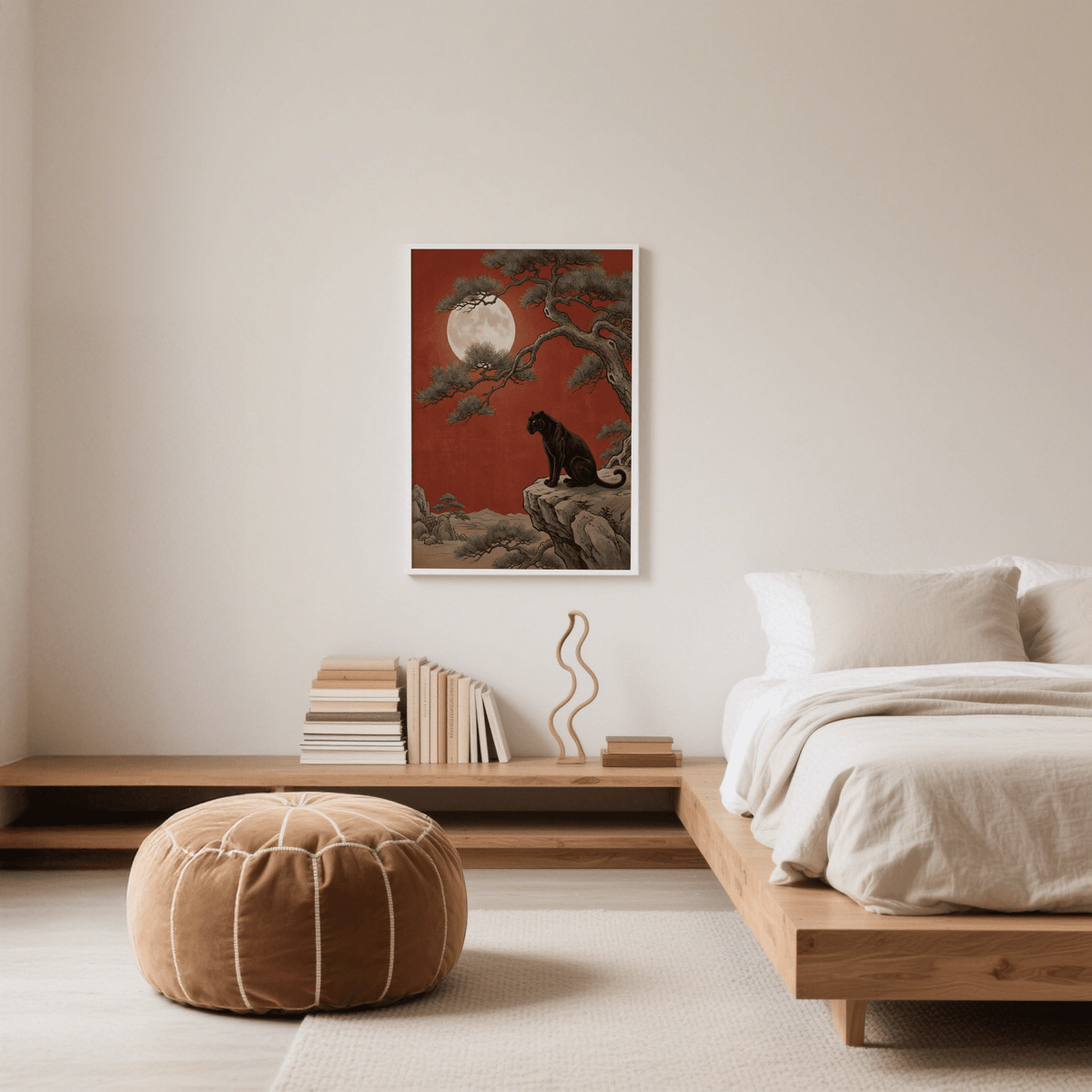 Black Panther Moon Print accented by Green tree branches for hallway wall art