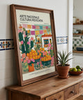 Colorful floral pots and folk art details in Mexican kitchen wall art.