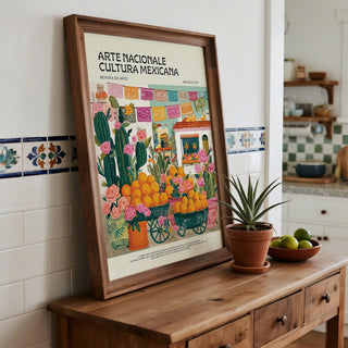 Colorful floral pots and folk art details in Mexican kitchen wall art.
