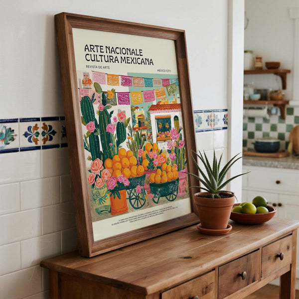 Colorful floral pots and folk art details in Mexican kitchen wall art.