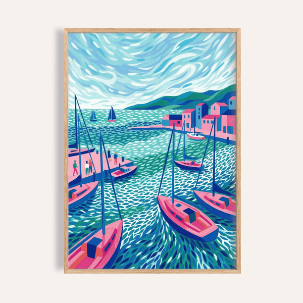 Sailboats Wall Art with blue and pink tones for living room wall art