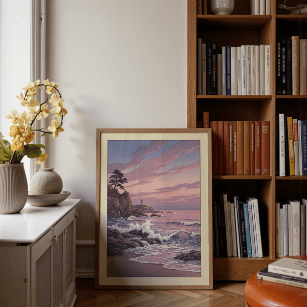 Room view mockup displaying framed Lighthouse Sunset Wall Art above console