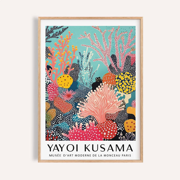 Artistic bright wall art of stylized sea creatures and abstract ocean flora