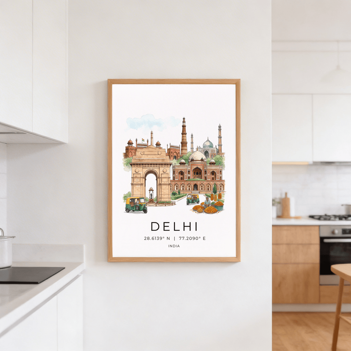 Street vendor and auto rickshaw details in vibrant cityscape poster