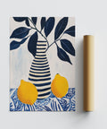 Citrus-themed lemon art with blue leaf clusters and a handmade striped vase.
