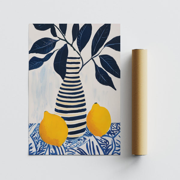 Citrus-themed lemon art with blue leaf clusters and a handmade striped vase.