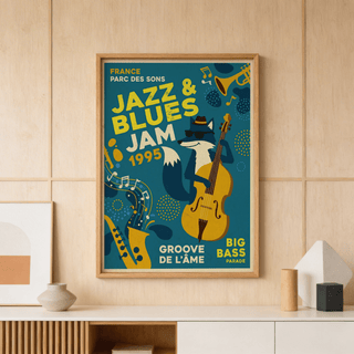Blues Concert Print close-up of cartoon fox in hat holding upright bass