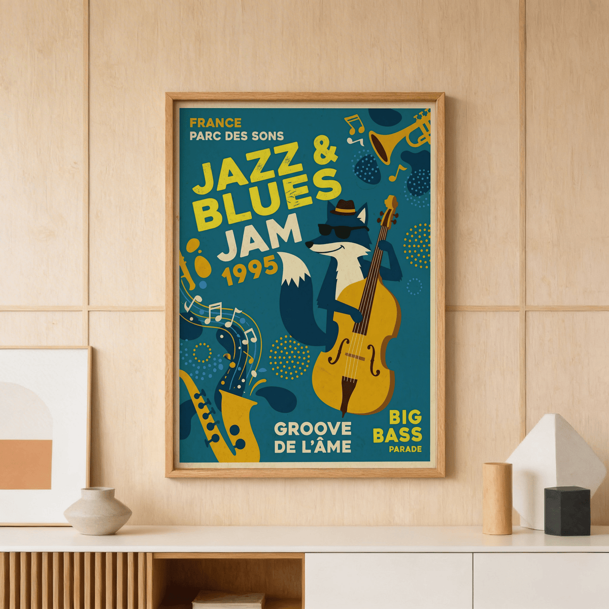 Blues Concert Print close-up of cartoon fox in hat holding upright bass