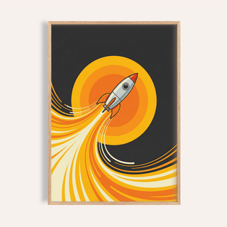 Framed Rocket Wall Art with a retro style rocket and bright orange and yellow flames
