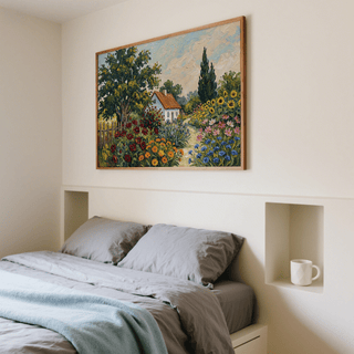 Rustic Cottage Garden Art Print, green and orange hues for hallway wall art