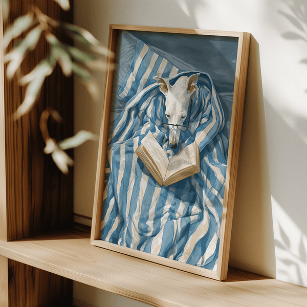 Dog Reading Print poster with Blue, White hues for reading corner