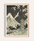 Crane Japanese Art wall print in Green, Black, Beige, Yellow for living room