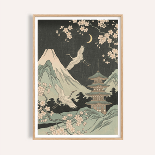 Framed Crane Japanese Art print featuring white cranes and a pagoda under a crescent moon
