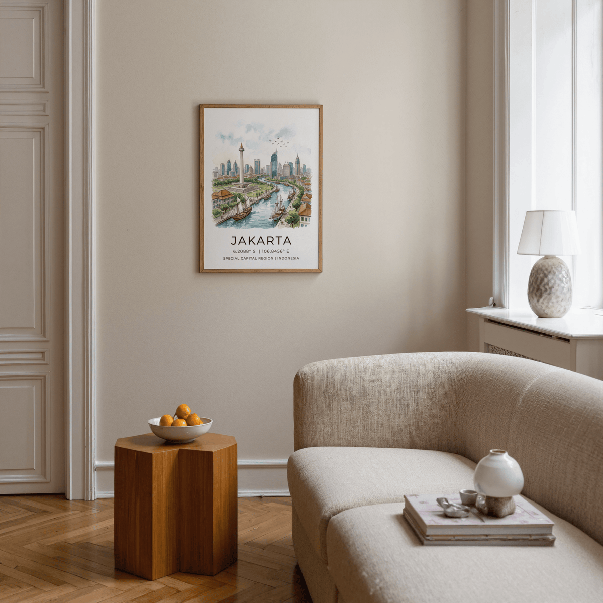 Depicting Jakarta skyline wall art print with tall monument, curved river, and sailboats