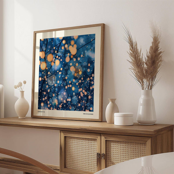 Artistic office space accented with blue modern painting prints