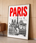 Hand-drawn skyline landmarks of Paris in black ink with red heading