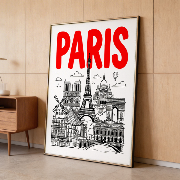 Hand-drawn skyline landmarks of Paris in black ink with red heading