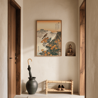 Mountain Landscape Poster with traditional rooftop, orange blooms for rustic dining area