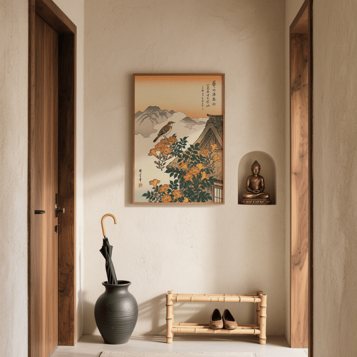 Mountain Landscape Poster with traditional rooftop, orange blooms for rustic dining area