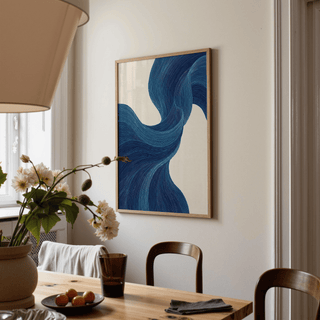 Minimalist Blue Flowing Wall Art in blue, beige for lounge area art print