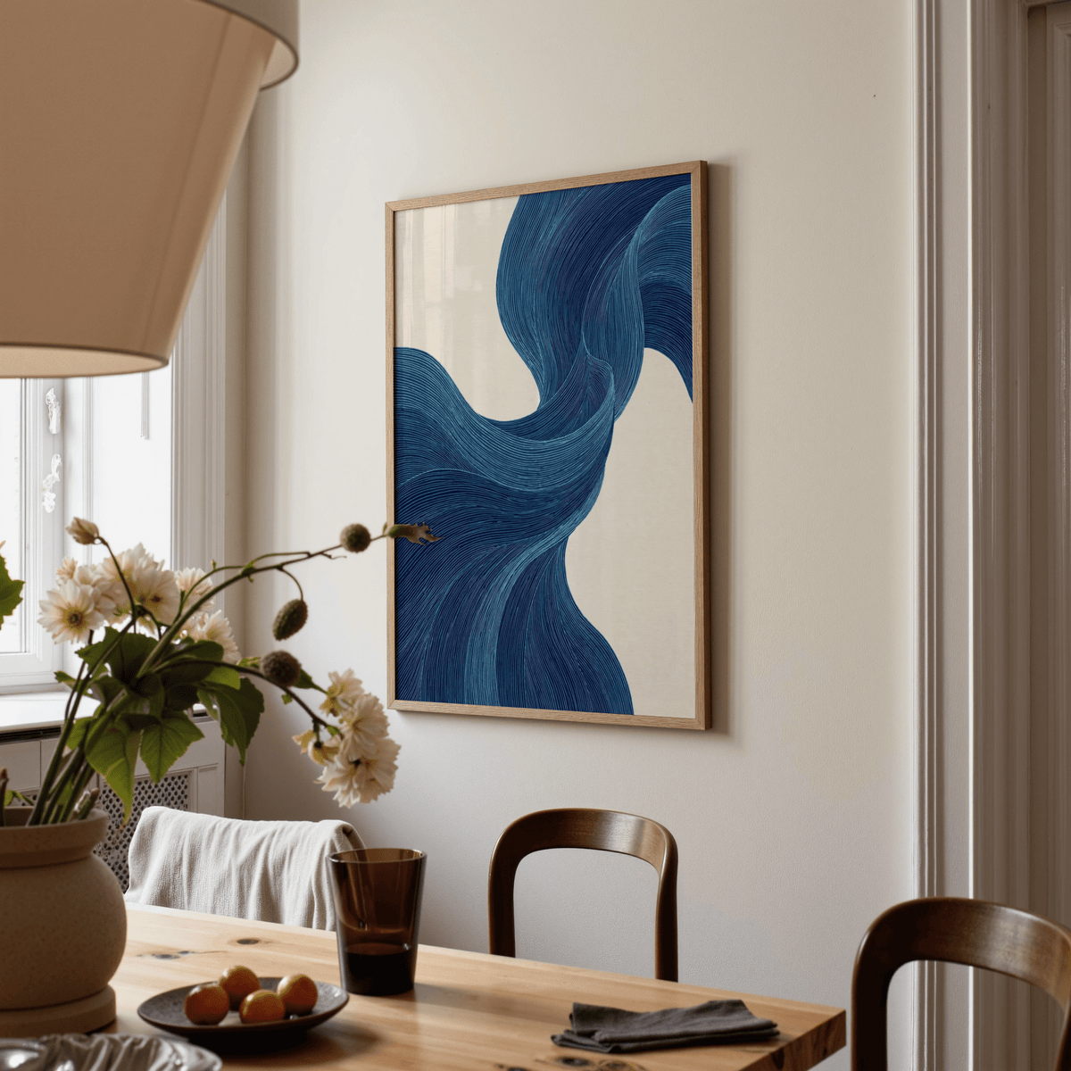 Minimalist Blue Flowing Wall Art in blue, beige for lounge area art print