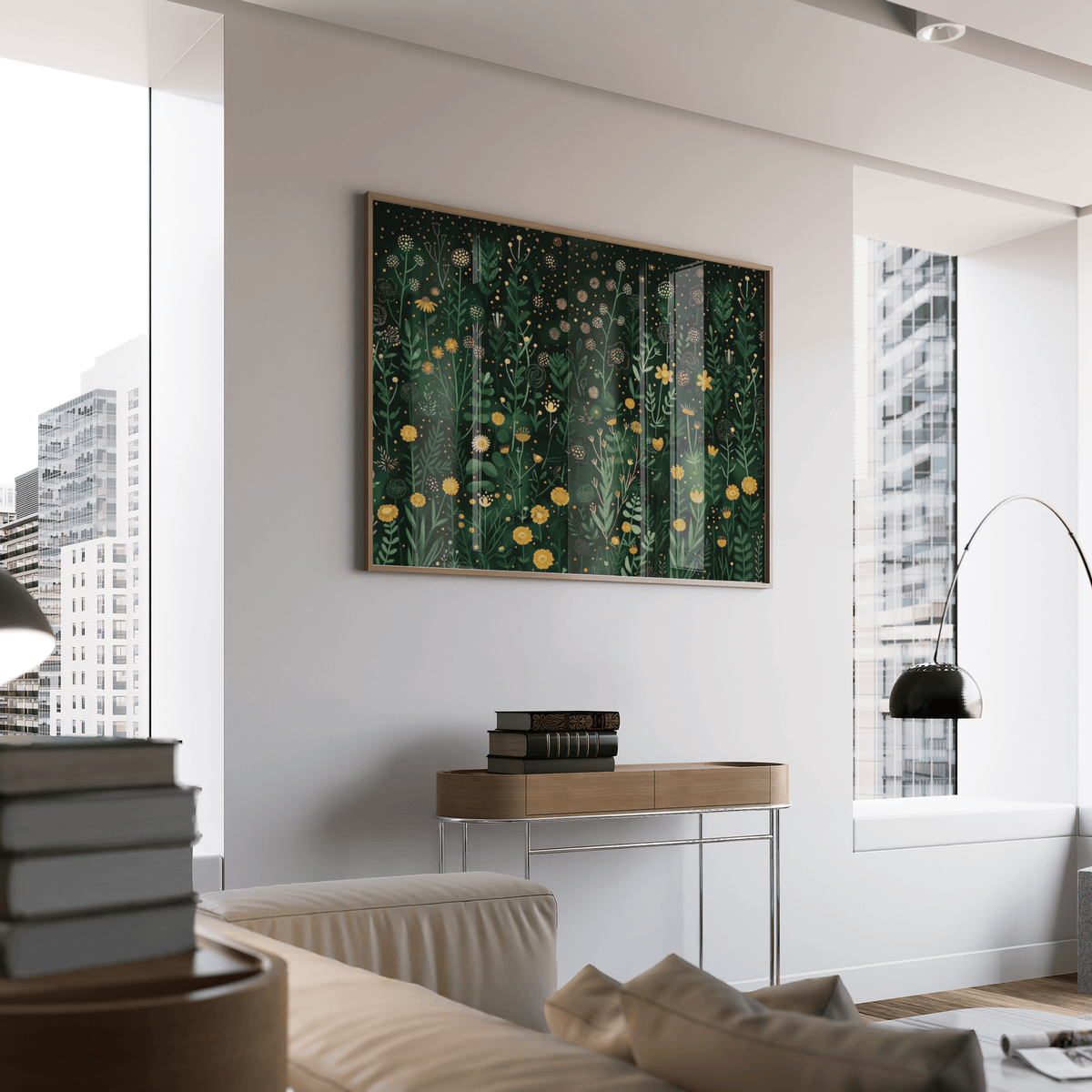 Botanical poster with repeating meadow pattern and small blossoms