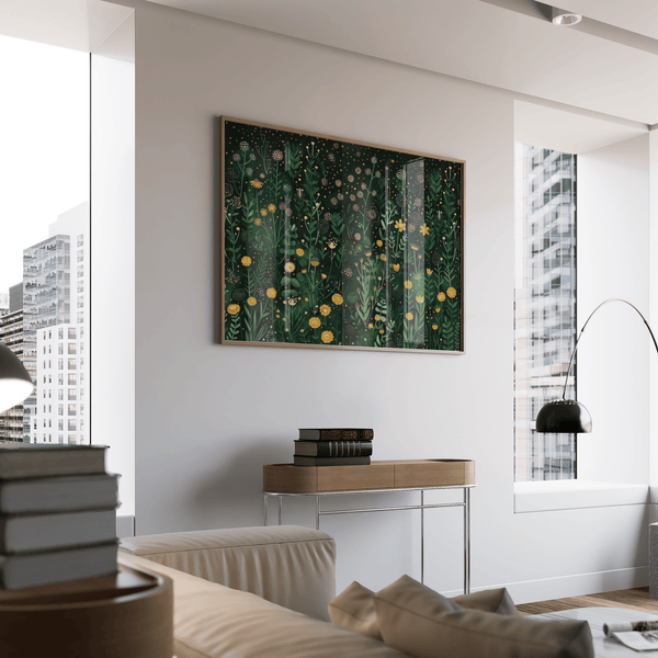 Botanical poster with repeating meadow pattern and small blossoms