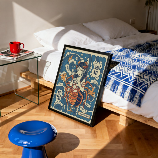 Depicting Jorogumo Art Print with Japanese characters and maple leaves