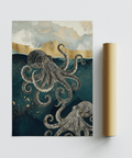 Modern Octopus Wall Art poster featuring blue, gold, and marine theme for office