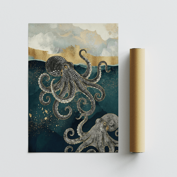 Modern Octopus Wall Art poster featuring blue, gold, and marine theme for office