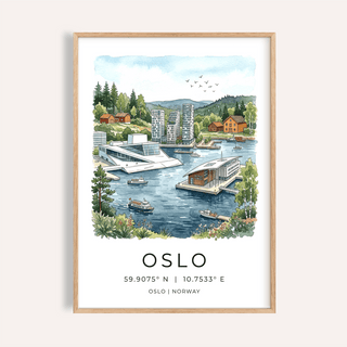 Waterfront Oslo City Art Print poster with boats, modern buildings, and forested hills