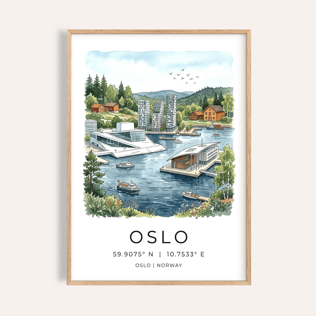 Waterfront Oslo City Art Print poster with boats, modern buildings, and forested hills