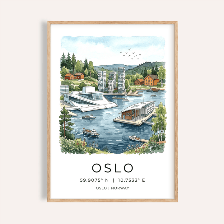 Waterfront Oslo City Art Print poster with boats, modern buildings, and forested hills