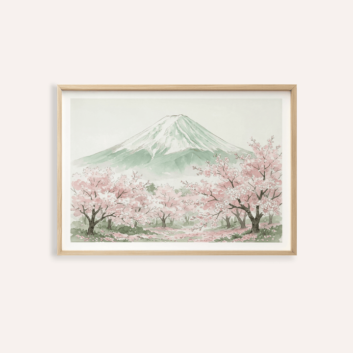 Mount Fuji Print watercolor wall art with cherry blossom branches and soft sky