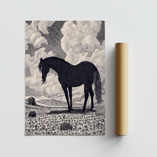 Black Horse Art Print capturing dense stippling and open background