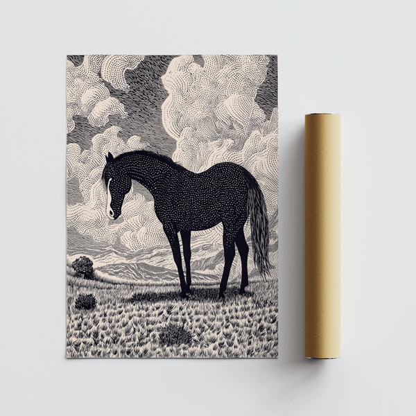 Black Horse Art Print capturing dense stippling and open background