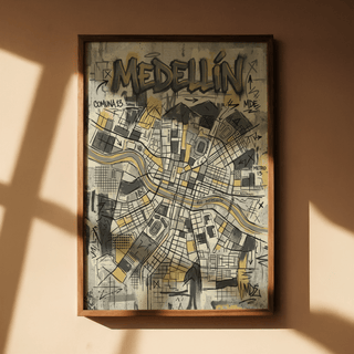 Angled city map print detail featuring labeled roads and layered block shapes