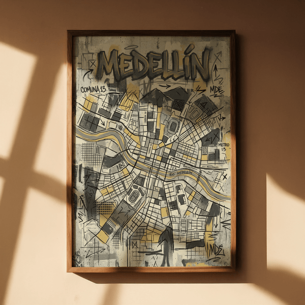 Angled city map print detail featuring labeled roads and layered block shapes