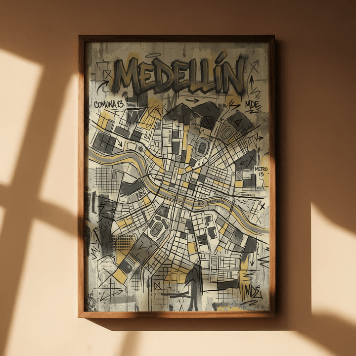 Framed Medellin Map Art Print with yellow grey and black illustration in natural light on a plain wall