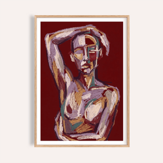 Painted abstract figure poster with raised arm and segmented face