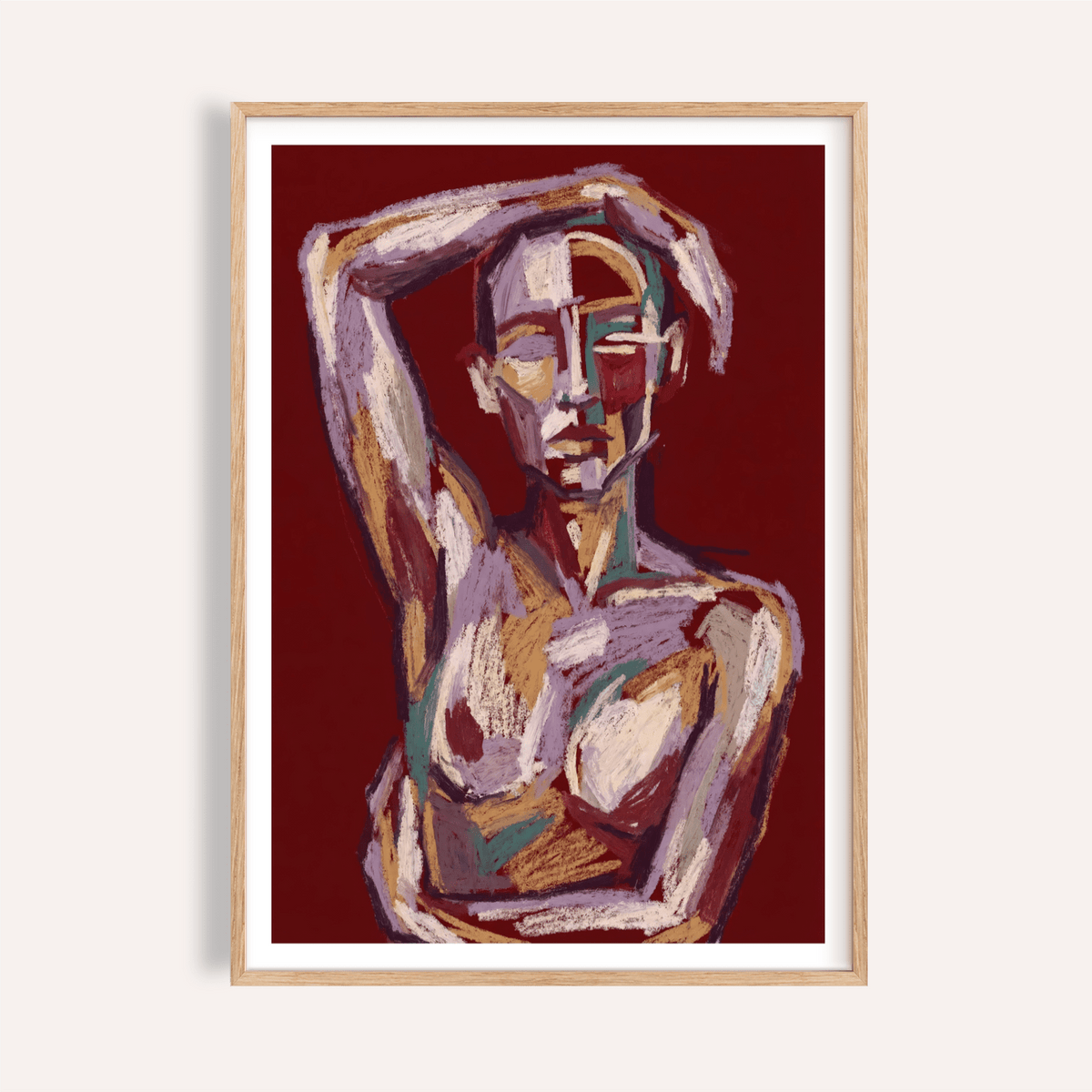 Painted abstract figure poster with raised arm and segmented face