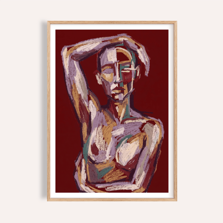Painted abstract figure poster with raised arm and segmented face