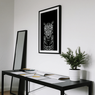 Dramatic animal wall art print featuring a leopard’s direct gaze and spotted coat