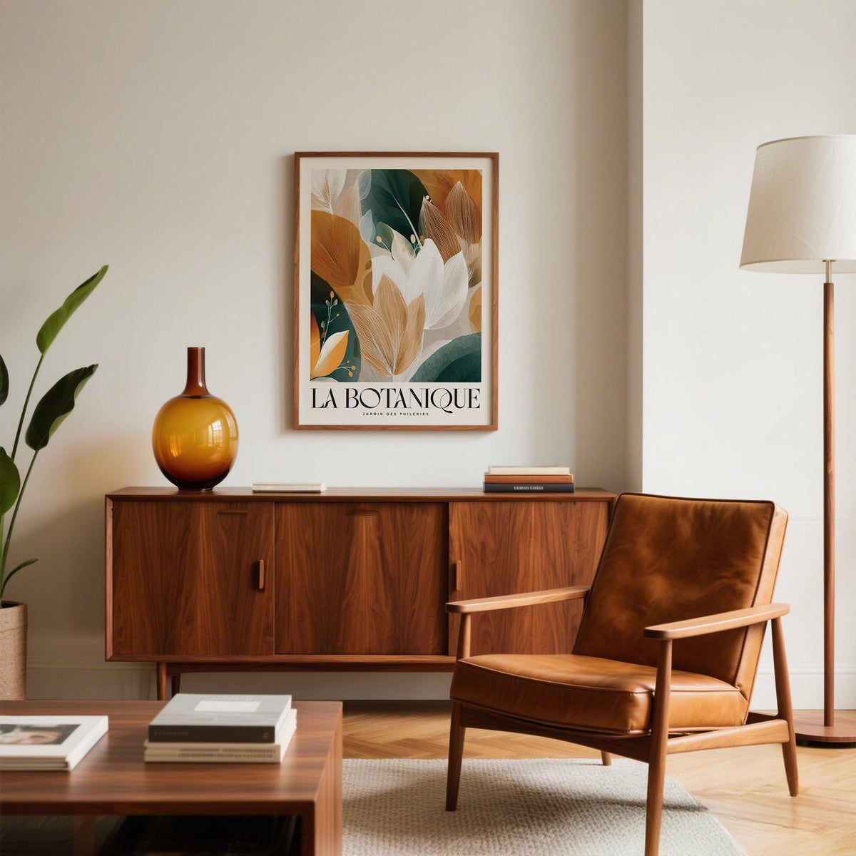 Wall art with leaves in earthy orange and deep green tones